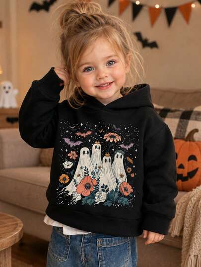 [Halloween]Girl 1pc Thermal Lined Thick Warm Ghost & Flower Hooded Sweatshirt, Young Student Young Girls Clothing, Suitable For Children's Autumn/Winter Long Sleeve Top