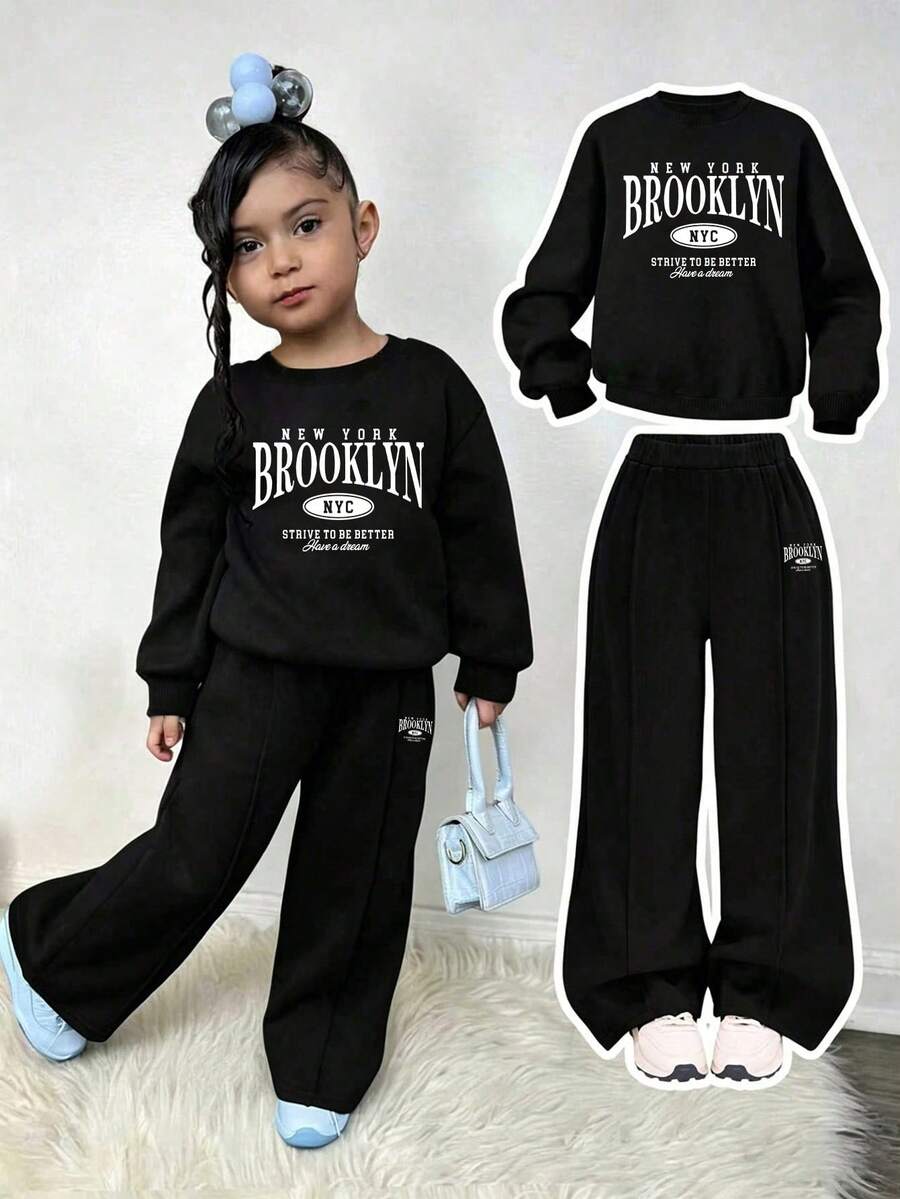 Young Girl Cartoon Letter Print Crew Neck Long Sleeve Top And Pants - Black - View 1