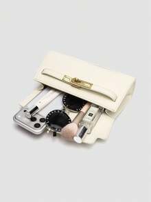1pc Denim Monogram Multi-Functional Handbag, Minimalist Metal Buckle Bag With Short Handle, Adjustable Strap Top Handle Bag, Understated Elegance - Ivory - View 6
