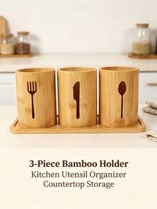 3/4pcs (Storage Bucket + Knife + Fork + Spoon) Set Combination Carbonized Bamboo Rustic Kitchen Utensil Holder, Divided Cutlery Tray Storage, Bottom Ventilation & Moisture-Proof, Natural Rustic Style Cutlery Rack Spoon Holder (Random Style Shipped) - View 8