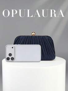 OpulAura 復古奢華手拿包，海軍藍亮面百褶設計時尚派對包，正式晚宴手拿包，高端方盒小包，適合派對/婚禮/正式場合晚餐，附鏈條 - 藏蓝色 - 查看 5