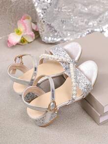 Girls' Glossy Pearl High Heel Sandals With Buckle Ankle Strap, Sweet Princess Shoes For Daily Wear And Party - Silver - View 4