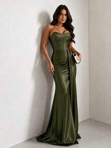 Satin Dress For Parties And Special Occasions, Strapless, Elegant - Olive Green - View 6