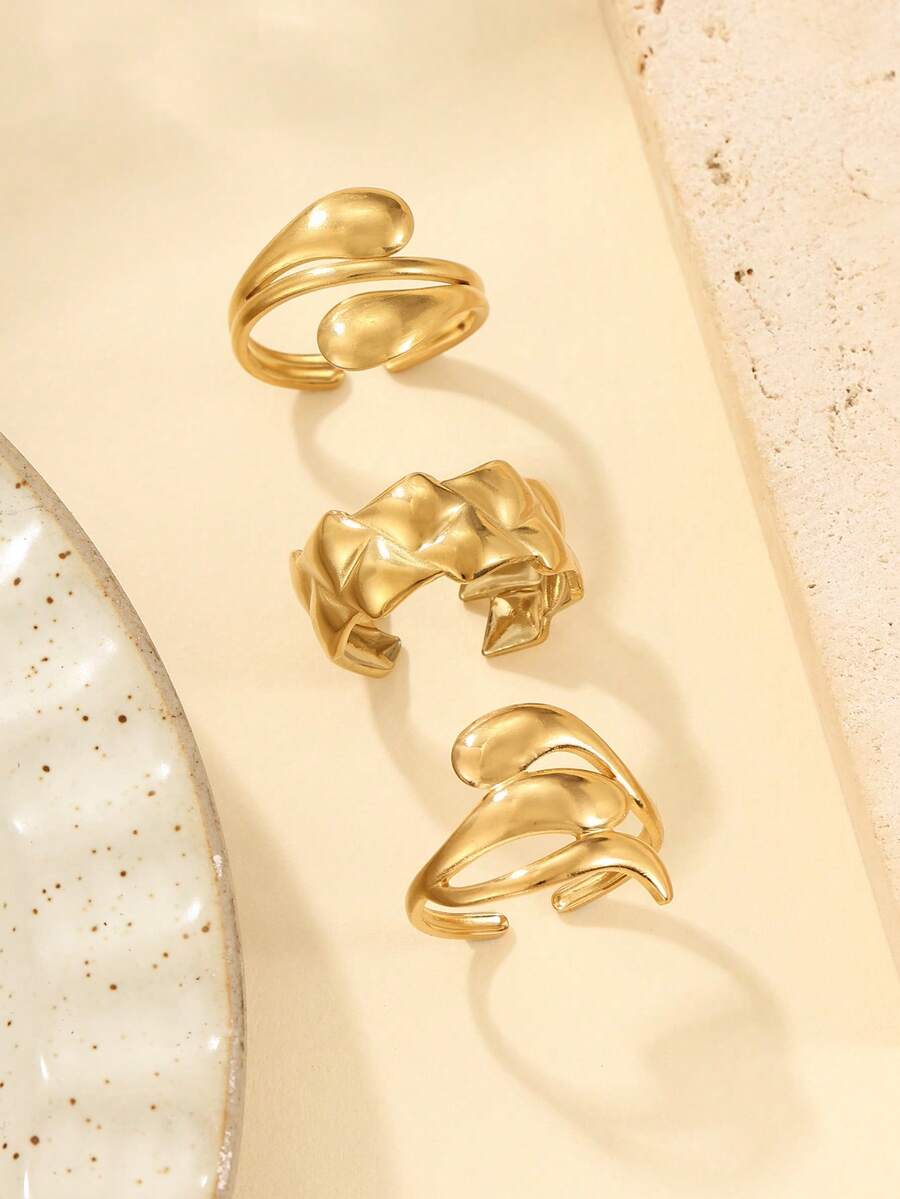 3pcs Stainless Steel Gold-Tone Ring Set, Multi-Layer Open Rings With Gold And Silver Contrast, Varying Lengths, Suitable For Women's Daily Decoration Or Gift, Adjustable Ring Size - Yellow Gold - View 1