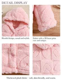 1pc Toddler Cute Stylish Casual Sweet Sporty Fashion Minimalist 3D Heart Print Warm Fleece Hooded Cardigan Jacket Coat Autumn Winter - Baby Pink - View 3
