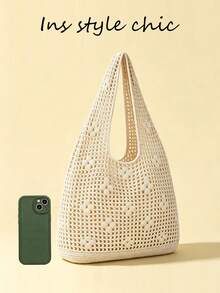 Mesh 3D Crochet Hollow Out Knitted Shoulder Bag, Transparent Mesh Lightweight Breathable Large Capacity Open Top Design, Niche Style, Suitable For Vacation, Travel, Dating, Shopping, Commuting, Outdoor Outings (No Lining) - Apricot - View 3