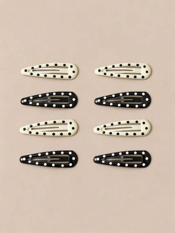 8pcs Women's 5cm/1.97in Black & White Polka Dot Pattern Sweet Cool Cute Water Drop Shaped Girly Oil-Drip Colorful Small Hair Clips Side Clips Hairpins Fashion Versatile Hair Accessories Suitable For Daily Wear, Outings, Matching Clothes, Hair Ornaments, BB Clips