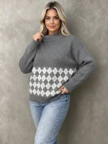 Women's Plus Size Knitwear Pullover Sweater With Argyle Pattern, High Neck, Long Drop Shoulder Sleeves And Tight Hem, Medium Stretch, For Fall Winter - Grey - View 4