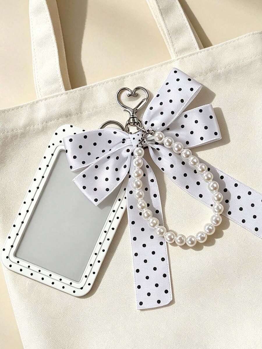 Polka Dot Card Holder With Bow Pearl Keychain,Y2k Photocard Holder, Cute Id Card Protector,Stylish Bag Pendant,Personalized Card Holder, Students Gift - Multicolor - View 1