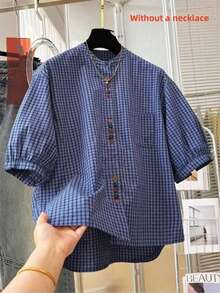 Retro Blue Plaid Button-Up Short Sleeve Shirt For Women, Summer Lightweight Puff Sleeve Loose Fit Minimalist Design Casual Commuter Top - Royal Blue - View 7