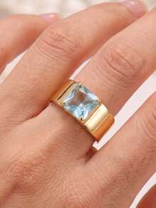 1 Buah Cincin Wanita Warna Emas Pita Lebar Persegi dengan Batu Zirkonia Kubik Biru Muda, Perhiasan Jari Minimalis Tebal Warna Tembaga, Hadiah Perhiasan Jari - cincin geometris - View 5