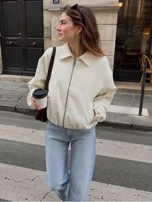 Women's Short Jacket, Long Sleeve Cropped Bomber Jacket, Black, Spring Outerwear - Beige - View 4