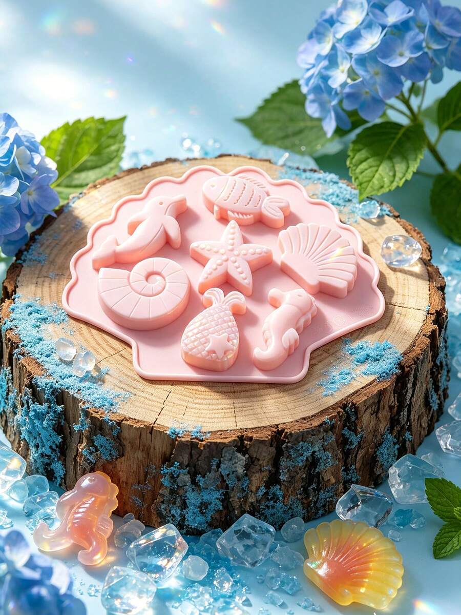 Soft Light Pink 7-Cavity Ocean World Silicone Baking Mold, 3D Lace Shell Design Underwater Cartoon Silicone Mold, Silicone, Easy Release, Heat Resistant, Odorless, Reusable, Suitable For Home Desserts, Aromatherapy Wax Tablets, Handmade Soap DIY Tools, Ocean Theme Party Baking Tray, Candy, Home Aromatherapy, Dessert Decoration Universal Mold