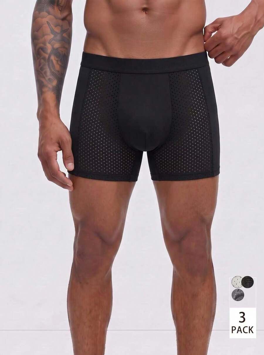 Snug League 3pcs/Set Men's Ice Silk Underwear, Mesh Lightweight Sports Boxer Briefs, Summer Comfortable Thin Cool Boxer Shorts