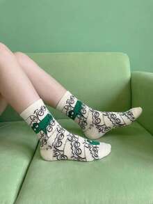 1 Pair Women's Mid-Calf Socks, Couple Socks For Men And Women, All-Season Regular Thickness, Cute Jacquard Casual Light Sports Socks, Fashion Versatile Colorful Food Animal Vegetable Pattern - Multicolor - View 2