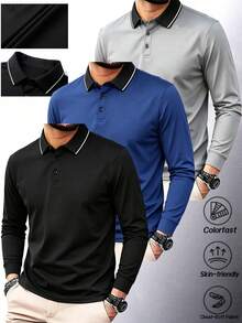 Men's 3-Pack Long Sleeve Polo Shirts, Solid Color Business Casual, Soft & Breathable, Versatile Tops - Multicolor - View 8