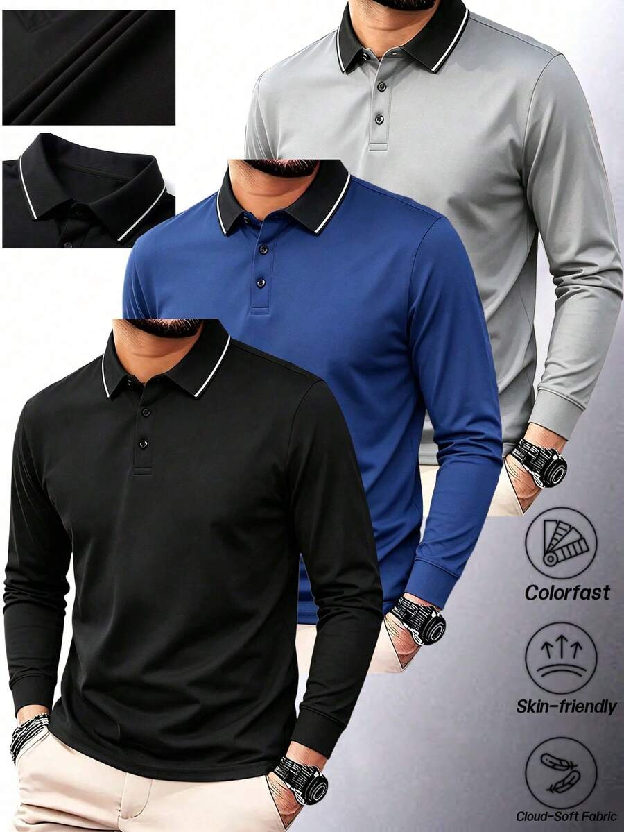 Men's 3-Pack Long Sleeve Polo Shirts, Solid Color Business Casual, Soft & Breathable, Versatile Tops - Multicolor - View 1