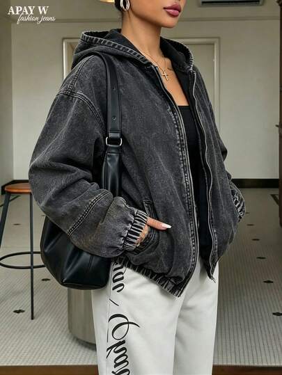 Chaqueta de mezclilla con capucha, manga larga y bolsillo con cremallera frontal para mujer, estilo minimalista de ropa de calle, uso casual diario estilo Y2K, gris, adecuada para vacaciones de otoño