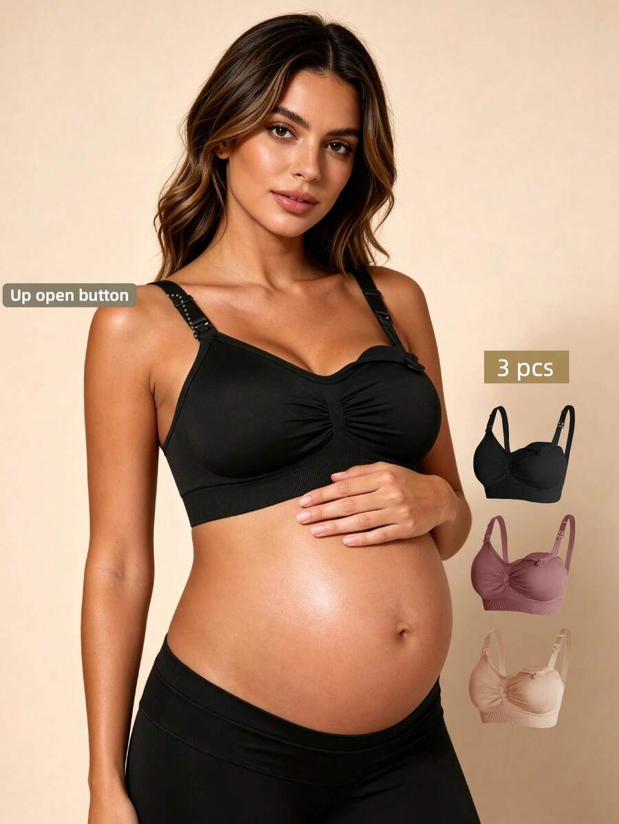 Hart & Haze 3pcs Nylon Maternity Bras Set, Seamless Front Opening Nursing Bras With Adjustable Support