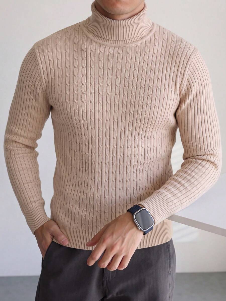 Men's Vintage Textured High Neck Sweater, Autumn/Winter Layering Basic Inner Wear, Knitted Pullover Cable Knit Top - Apricot - View 1