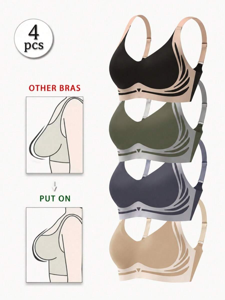 4 Pcs Women's Color-Blocked Sports Bra Set, Women's Wire-Free Bra, Women's Bra, Strong Push-Up Seamless Bra, Women's Underwear - 彩色 - 查看 1