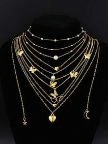 11/10/4pcs Fashionable Minimalist Golden Butterfly,Heart,Cross,Star,Moon,Faux Pearl Multi-Layer Necklace Set,Vacation,Party,Match With Daily Outfits - 金黃色 - 查看 2