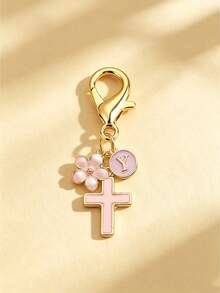 1pc New 26 English Letter Optional Enamel Drip Oil Cross & Cherry Blossom Pendant, Gold Lobster Clasp Detachable Bag Charm, Girls' Portable Key Decoration Small Gift - Pink - View 9