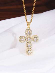 1pc Men's Pendant Necklace, Gold-Tone Copper Material, Cross Pendant Inlaid With CZ, Exquisite Versatile Necklace, Daily Commute Gift - Gold - View 1