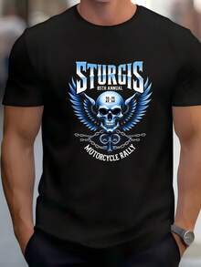 Biker Style Graphic Tee Sturgis Motorcycle Rally Skull Wings Design Cotton Blend Men Casual Wear  Teeshirt Homme - 黑色 - 查看 1