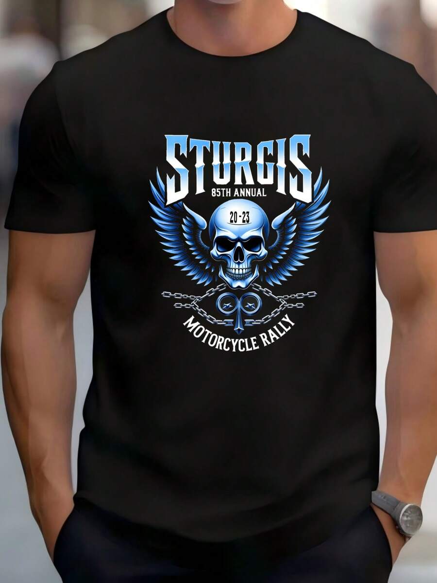 Biker Style Graphic Tee Sturgis Motorcycle Rally Skull Wings Design Cotton Blend Men Casual Wear Teeshirt Homme - 黑色 - 查看 1