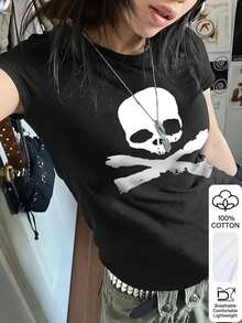 Women's Simple Printed Round Neck Short Sleeve T Shirt - 黑色 - 查看 7