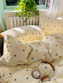 Minimalist Blue Star Bedding Set, Comfortable & Breathable Bed Sheet & Duvet Cover 4-Piece Set (1 Duvet Cover + 1 Bed Sheet + 2 Pillowcases, Duvet Insert & Pillow Insert Not Included, Pillowcase Pattern Randomly Cut) - Baby Blue - View 12