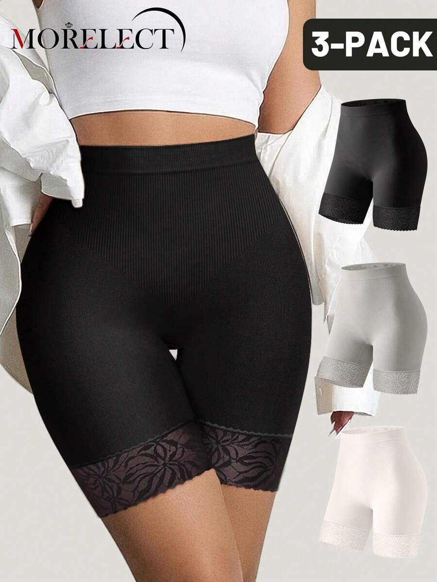 Morelect 3pcs Women Plus Size Mid-High Waist Panties, Safety Shorts, Breathable Comfortable, Lace Patchwork, Soft Minimalist