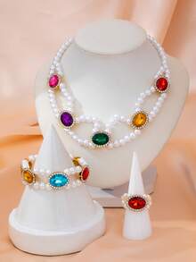1 Set Women's Jewelry Set, Fashionable Faux Pearl Beaded Multi-Layer Necklace, Bracelet, Earrings Set, Suitable For Gifts Or Party Wear - Pink - View 8