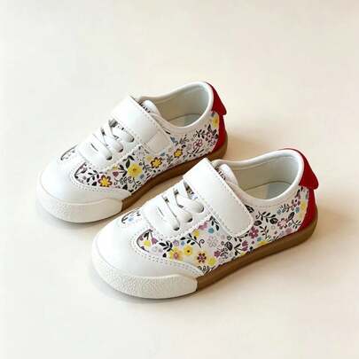 1 Pair Children's Floral Pattern Hook & Loop White Sneakers, Soft Sole Casual School Shoes, Versatile For Daily School And Outings, Comfortable For All-Day Wear