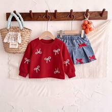 Baby Girl Fashion Bow Pattern Print Crew Neck Long Sleeve Sweatshirt And 3D Bow Decor Ruched Denim Skirt Set - Red - View 6