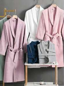Waffle Knit Pure Cotton Bathrobe, Unisex Adult Pure Cotton Bathrobe, Spring/Summer Style Bathrobe, Suitable For Home, Hotel And Spa, Highly Absorbent, Quick-Drying, Loose Fit Design. Multiple Colors Available, Bathroom Supplies, Home Goods - Multicolor - View 2