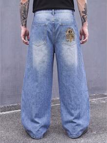 Men's Light Blue Vintage Distressed Ripped Loose Wide Leg Jeans, 90s Skateboard Street Style Back Pocket Embroidered Denim Pants - Blue - View 2
