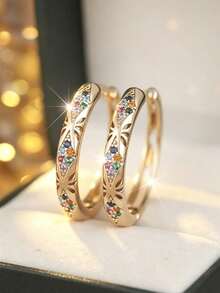 Fashion Copper-Gold Rhodium-Plated With Colorful Zirconia Hollow Ear Ring For Women - Unique Earrings - Multicolor - View 4