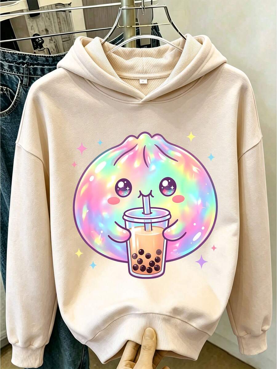 1pc Girls Milk Tea Steamed Bun Print Pullover Sweatshirt, Long Sleeve Design, Suitable For Autumn/Winter - Apricot - View 1