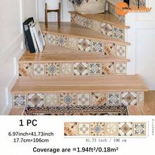 SUPSTICKER 1pc Bohemian Vintage Tile Pattern Stair Decal, Removable PVC Stair Tread Sticker, Suitable For Stairs, Hallway, Entryway, 3 Styles Available - 1pcs - View 12