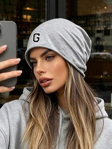 1pc Unisex Soft Elastic Loose Knit Beanie, A-Z 26 Letter Pattern, Lightweight Casual Skull Cap, Elastic Headwear, Suitable For City Walks And Short Trips - Grey - View 1