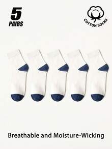 5/6 Pairs Men's Cotton Color Block Contrast Toe & Heel Crew Socks, Mesh Ventilation Breathable Soft Socks, Moisture‑Wicking Casual Daily Socks - Multicolor - View 14