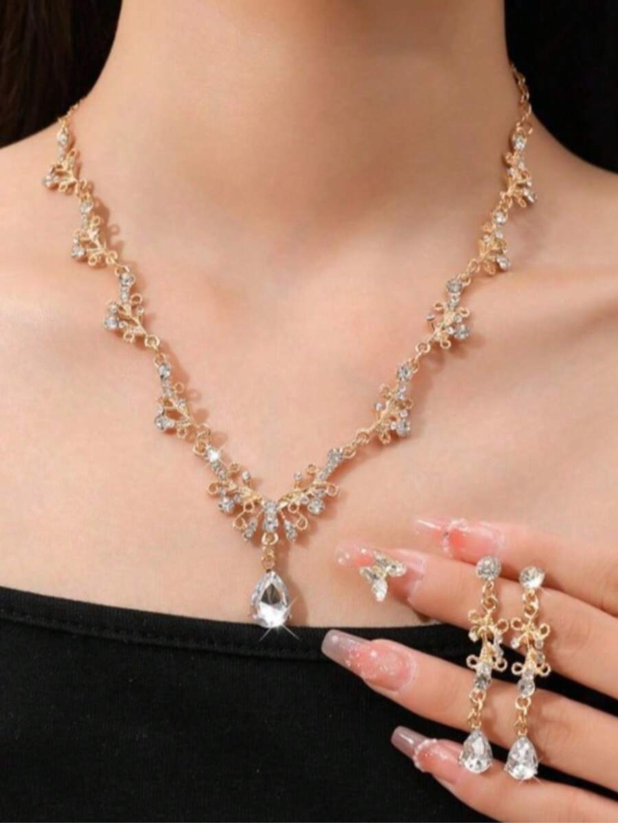 3pcs Bridal Earrings & Necklace Set Wedding Decoration Bridal Gown Matching Bridal Set High-End Party - White Diamond Gold - View 1