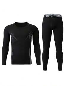 2pcs/Set Men's Thermal Underwear Set, Crew Neck Top + Pants, Winter Base Layer Innerwear - Black - View 4