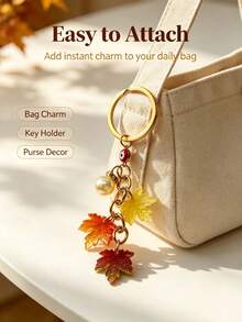 2pcs Vintage Gold Maple Leaf Keychain, Personalized Pearl Evil Eye Bag Charm Pendant. Suitable For Backpack Charm, Daily Bag Decoration, Holiday Party Gift, Back To School Gift, Women's Keychain, Car Keychain, Keychain Making Material, Backpack Charm Keychain, Keychain Pendant, Keychain Coin Purse, Bulk Keychain, Keychain Set, Keychain Accessories - Multicolor - View 4