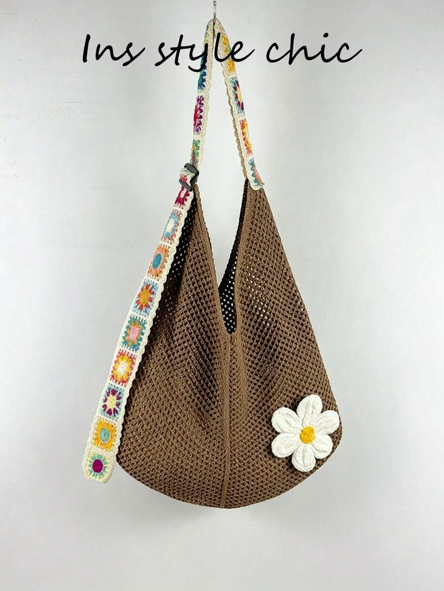 Crochet Flower Decorated Colorful Square Crochet Strap Knit Shoulder Bag Open Closure Spacious Convenient Access Suitable For Travel Vacation Outing Commuting Shopping - Coffee - View 1