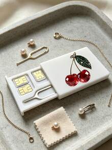 Crystal Cherry Print SIM Card Holder With SIM Card Pin Slot, Includes SIM Card Pin. Portable Cherry Print SIM Card Storage Box, Phone Card Holder, SIM Card And SD Card Storage Box, Travel Storage Box, Compact And Lightweight, Suitable For Smartphones, Tablets And Other Devices, Ideal For Storing Backup SIM Cards When Changing Phone Numbers, Also A Great Gift. Suitable For Back To School Season, Back To School, Teacher's Day - Multicolor - View 8