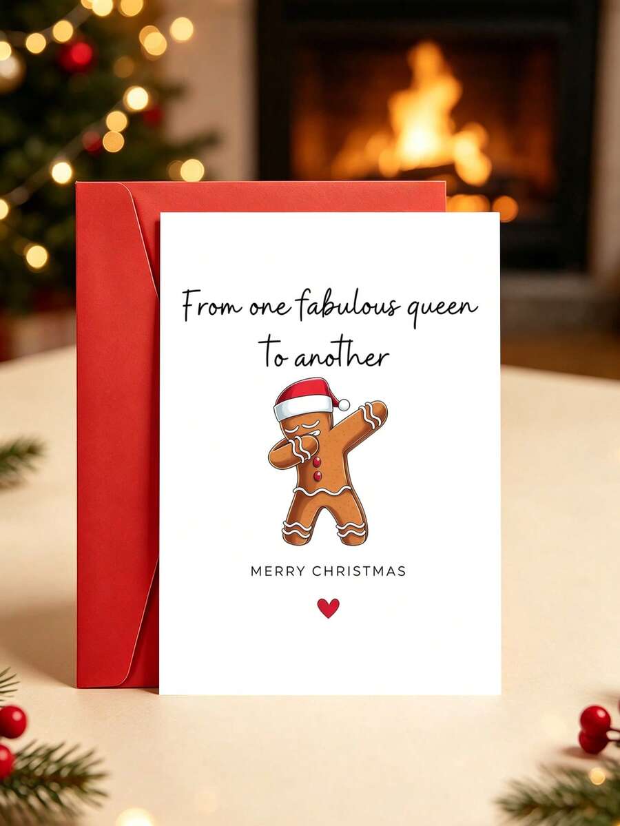 1pc Sassy Gingerbread Man Christmas Card With Envelope, Printed Dabbing Gingerbread Santa Hat Art, "From One Fabulous Queen To Another", For Besties & Best Friends, Secret Santa Holiday Gift Exchange, Blank Inside - A - View 1