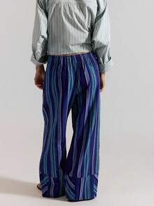 Women Striped Print Palazzo Wide‑Leg Pants With Pockets, Elastic Waist Loose‑Fit Casual Trousers For Beach Vacation Street Daily Outfits - Deep Blue - View 6